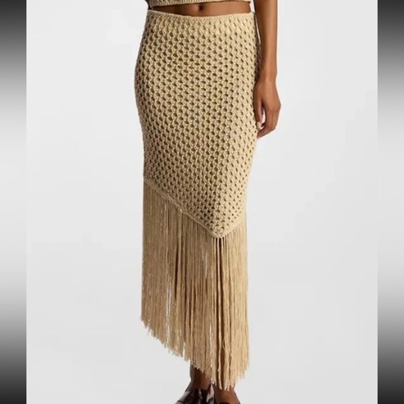 NWT ALC Leona Crochet Knit Skirt Fringe Pampas Yellow Ivory Size XS Midi - Picture 1 of 9